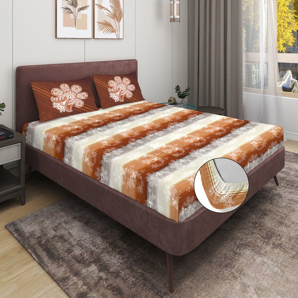RD TREND 100% Pure Cotton Elastic Fitted Double Bedsheets With 2 Pillow Covers(Caramel)