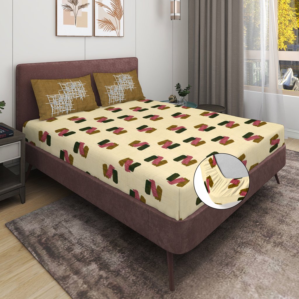 RD TREND 100% Pure Cotton Elastic Fitted Double Bedsheets With 2 Pillow Covers(Lemon)