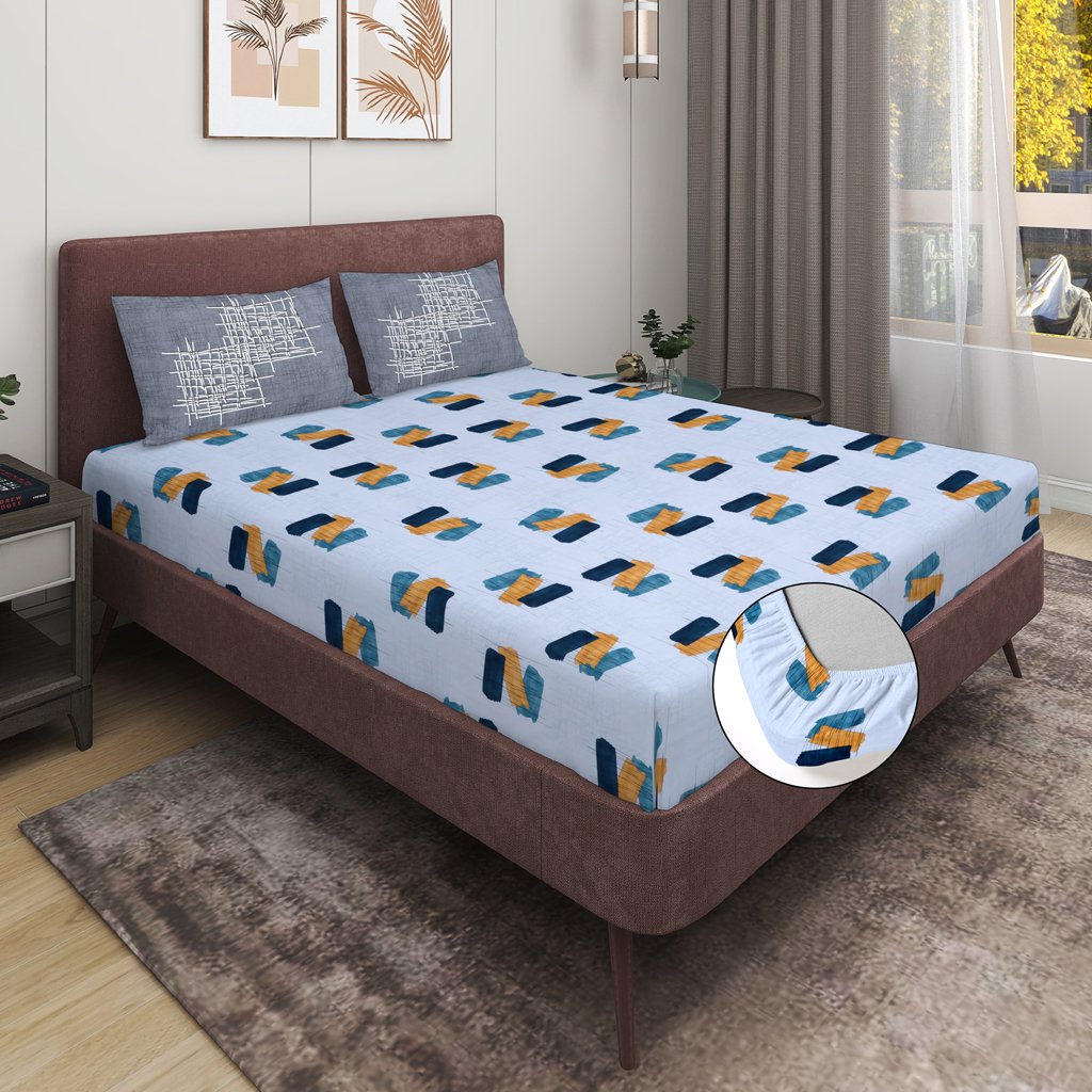 RD TREND 100% Pure Cotton Elastic Fitted Double Bedsheets With 2 Pillow Covers(Babyblue)