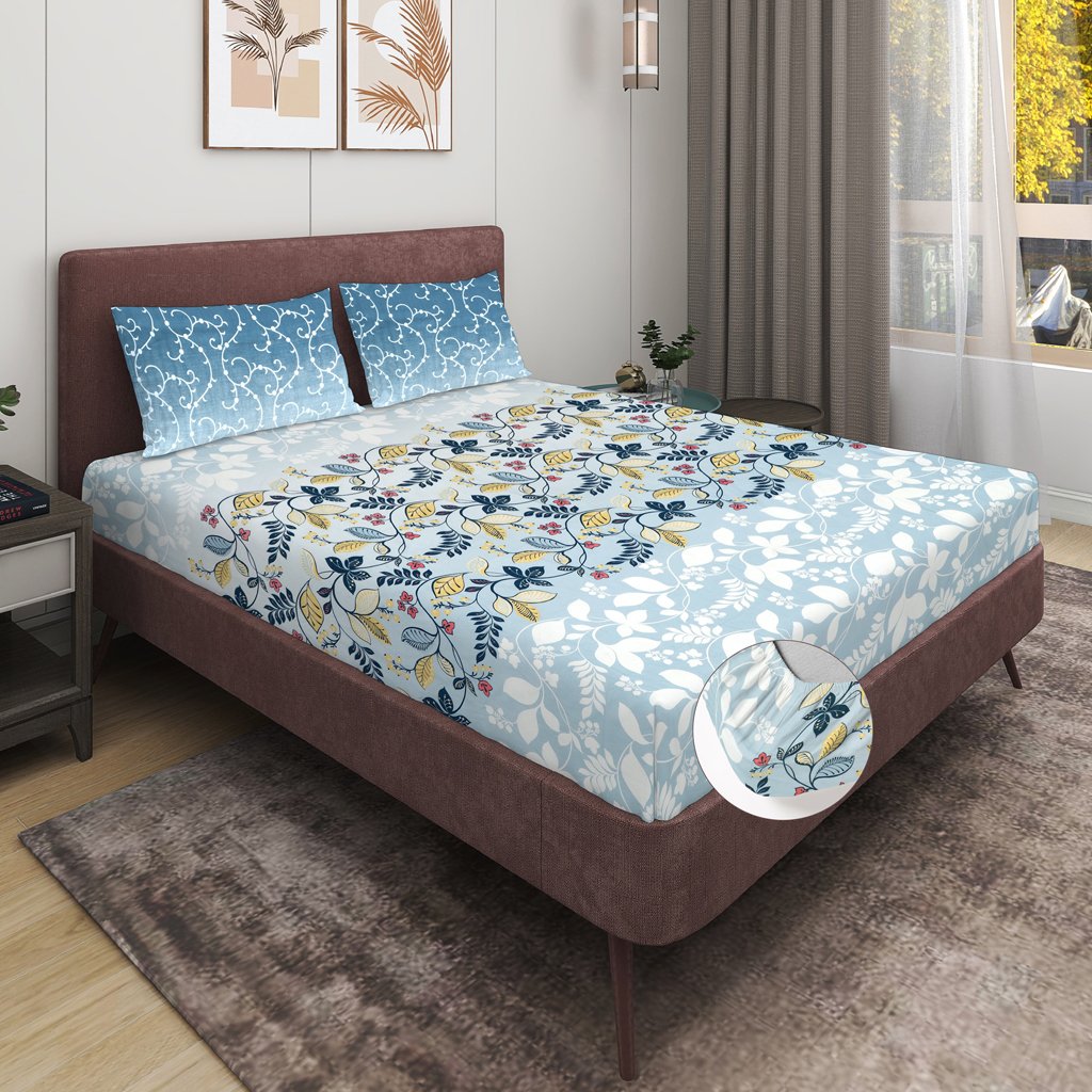 RD TREND 100% Pure Cotton Elastic Fitted Double Bedsheets With 2 Pillow Covers(Turkish Blue)