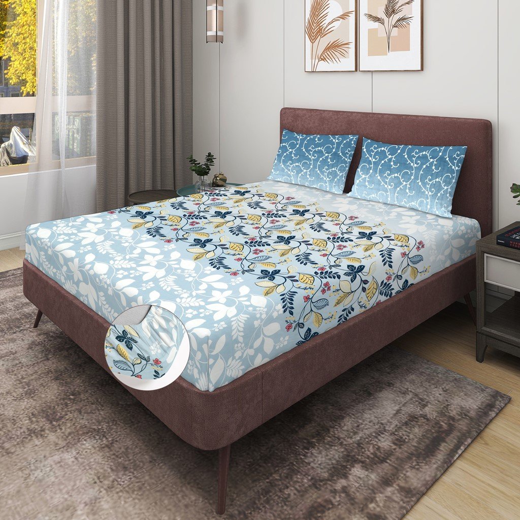 RD TREND 100% Pure Cotton Elastic Fitted Double Bedsheets With 2 Pillow Covers(Turkish Blue)