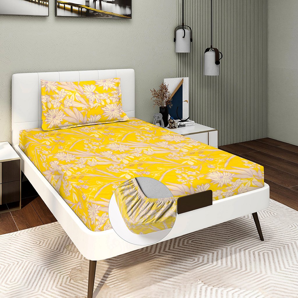 RD TREND Presents Single Glace Cotton Elastic Fitted Bedsheets With 1 Pillow Cover (Yellow)