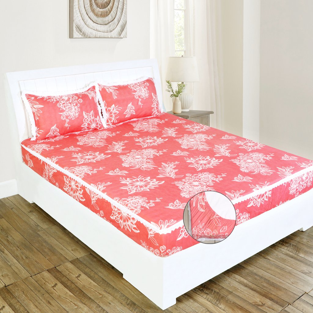 RD TREND Elastic Fitted King Size Double Bed Sheet Aesthetic Lace With 2 Pillow Covers (Peach)