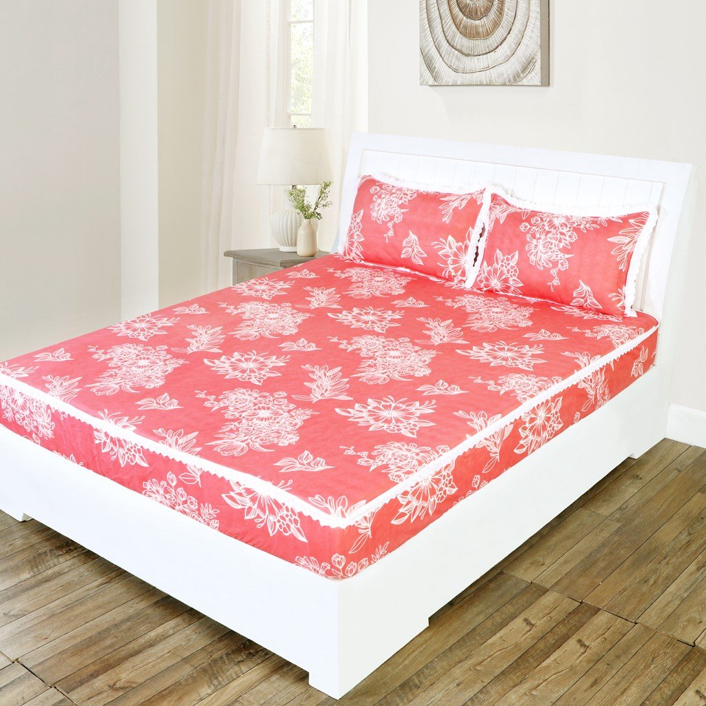 RD TREND Elastic Fitted King Size Double Bed Sheet Aesthetic Lace With 2 Pillow Covers (Peach)