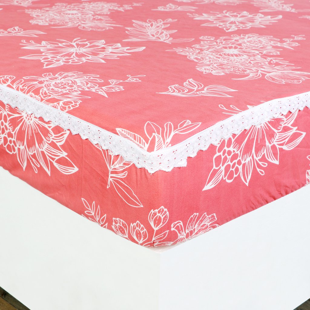 RD TREND Elastic Fitted King Size Double Bed Sheet Aesthetic Lace With 2 Pillow Covers (Peach)