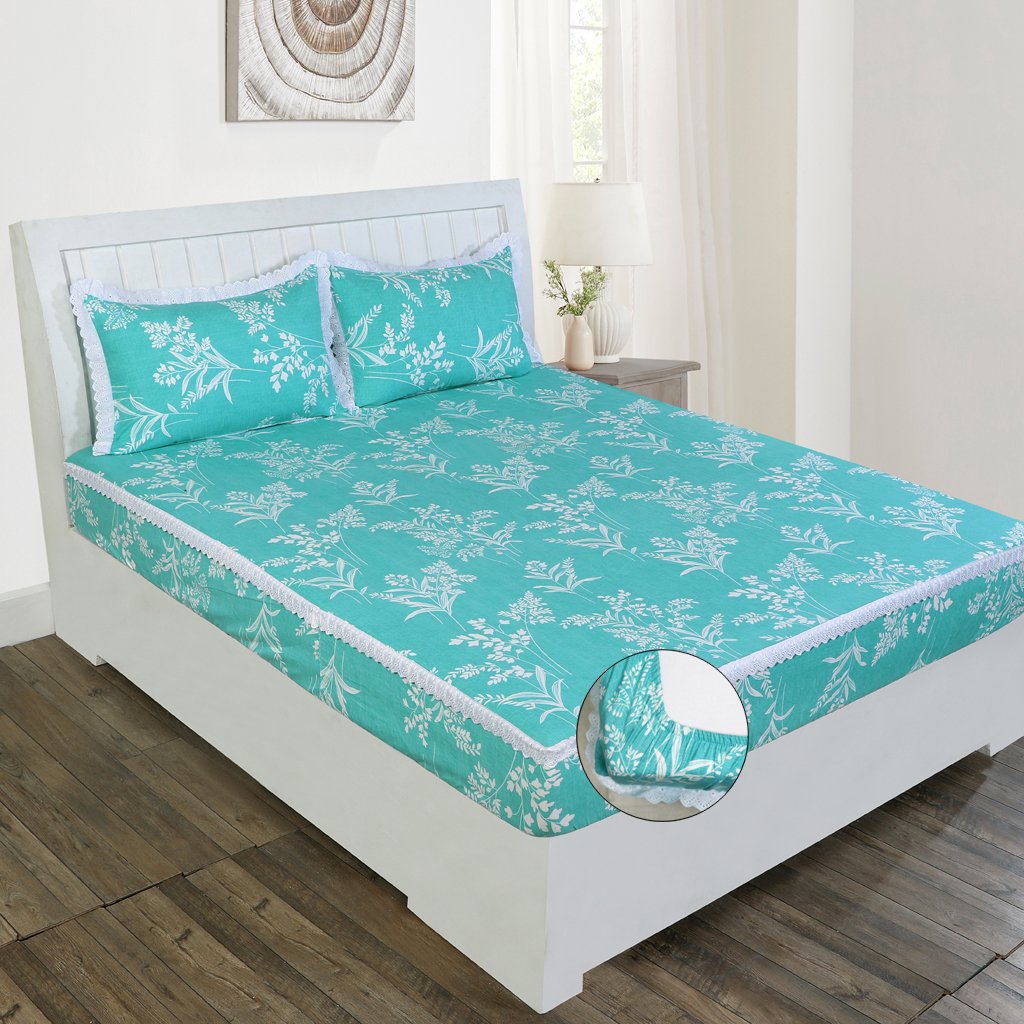 RD TREND Elastic Fitted King Size Double Bed Sheet Aesthetic Lace With 2 Pillow Covers (Firoji)