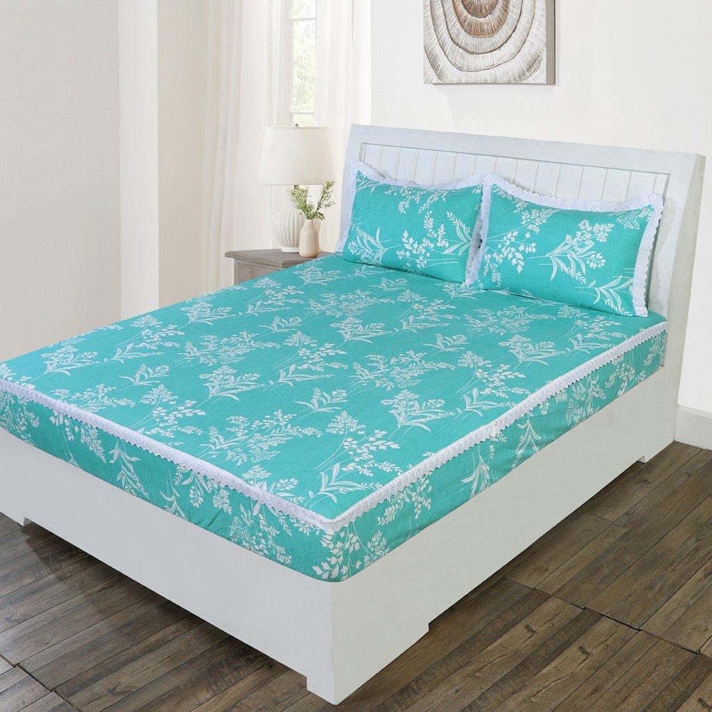 RD TREND Elastic Fitted King Size Double Bed Sheet Aesthetic Lace With 2 Pillow Covers (Firoji)