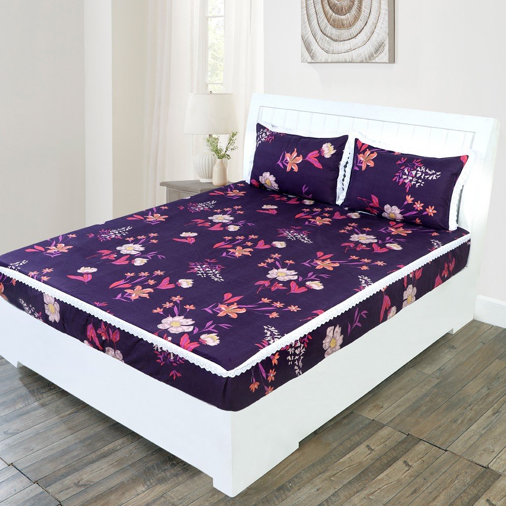 RD TREND Elastic Fitted King Size Double Bed Sheet Aesthetic Lace With 2 Pillow Covers (Purple)