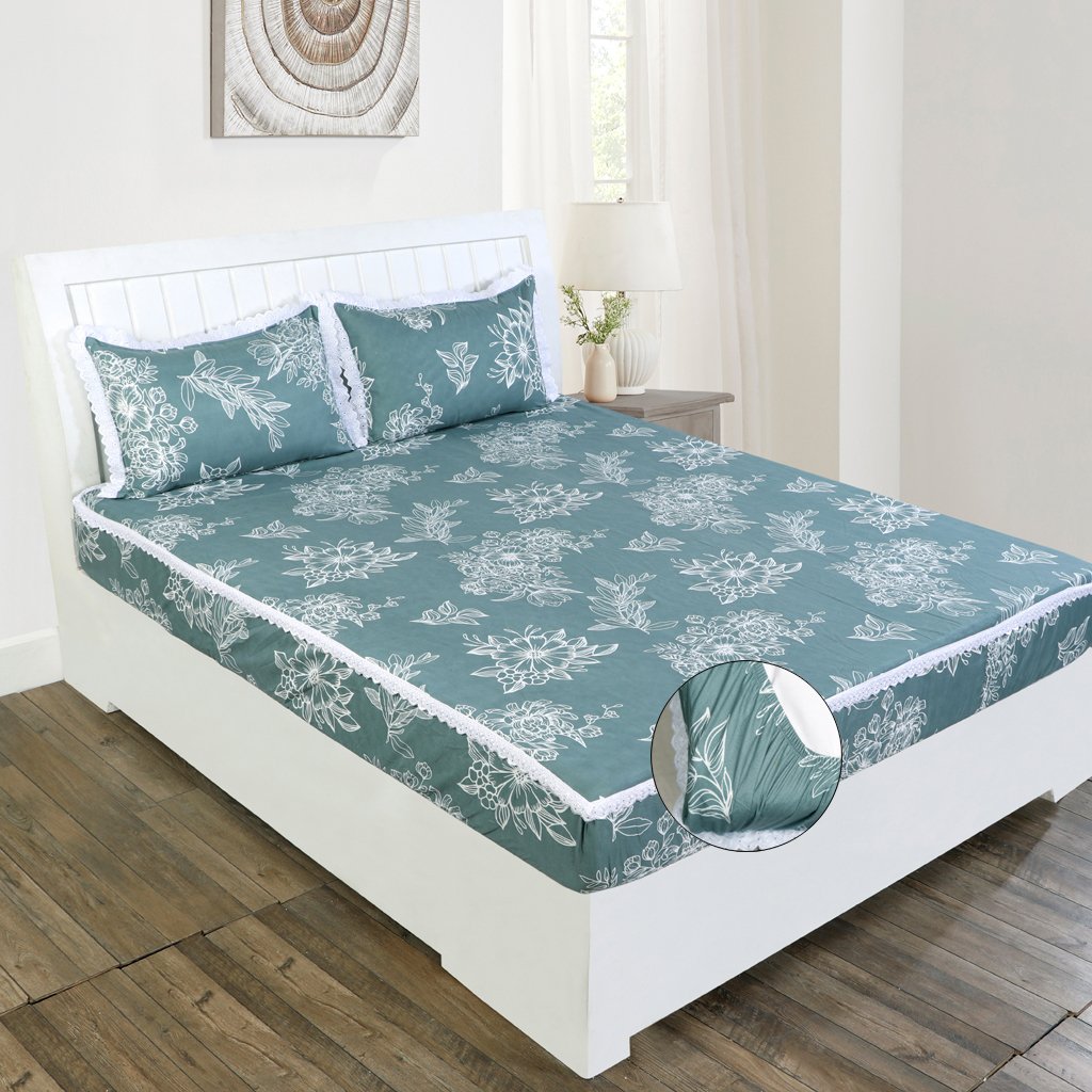 RD TREND Elastic Fitted King Size Double Bed Sheet Aesthetic Lace With 2 Pillow Covers (Green)