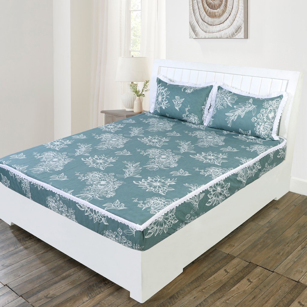 RD TREND Elastic Fitted King Size Double Bed Sheet Aesthetic Lace With 2 Pillow Covers (Green)