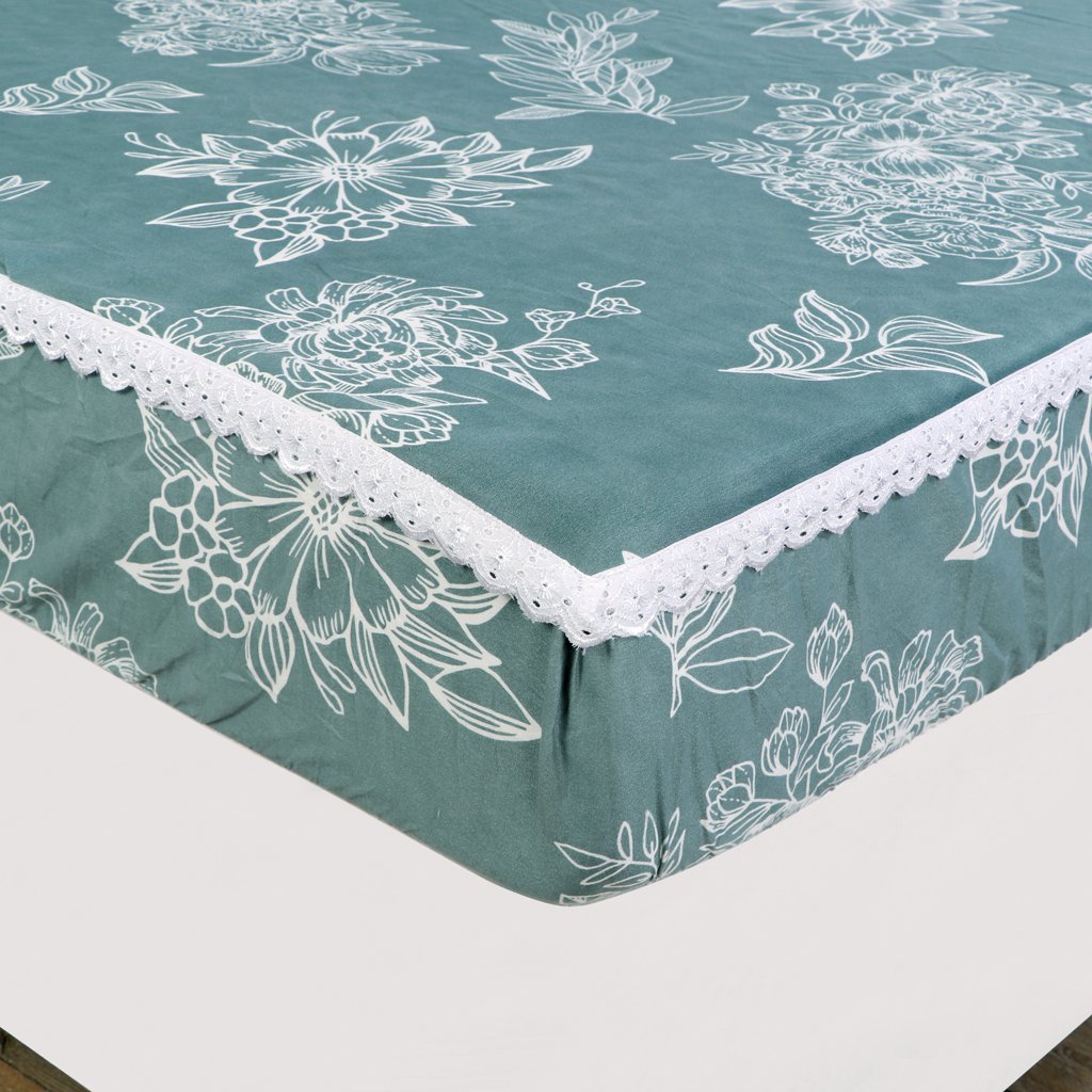 RD TREND Elastic Fitted King Size Double Bed Sheet Aesthetic Lace With 2 Pillow Covers (Green)