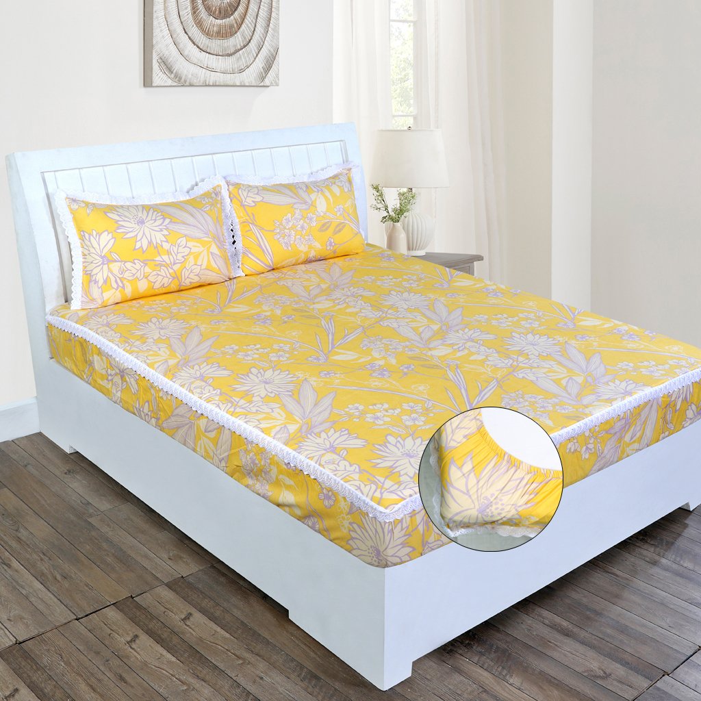 RD TREND Elastic Fitted King Size Double Bed Sheet Aesthetic Lace With 2 Pillow Covers (Yellow)