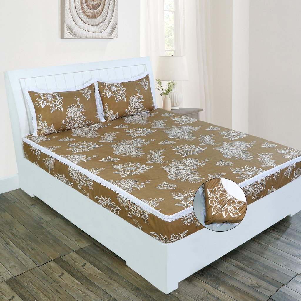 RD TREND Elastic Fitted King Size Double Bed Sheet Aesthetic Lace With 2 Pillow Covers (Mustard)