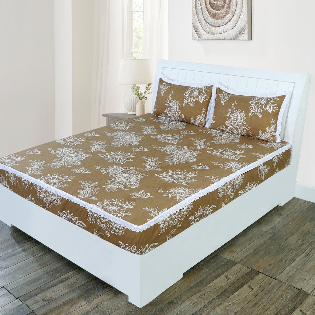 RD TREND Elastic Fitted King Size Double Bed Sheet Aesthetic Lace With 2 Pillow Covers (Mustard)