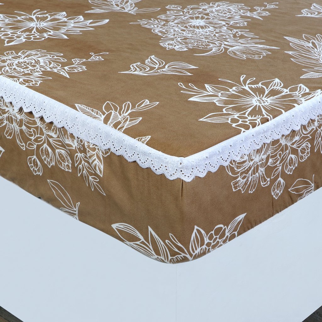 RD TREND Elastic Fitted King Size Double Bed Sheet Aesthetic Lace With 2 Pillow Covers (Mustard)