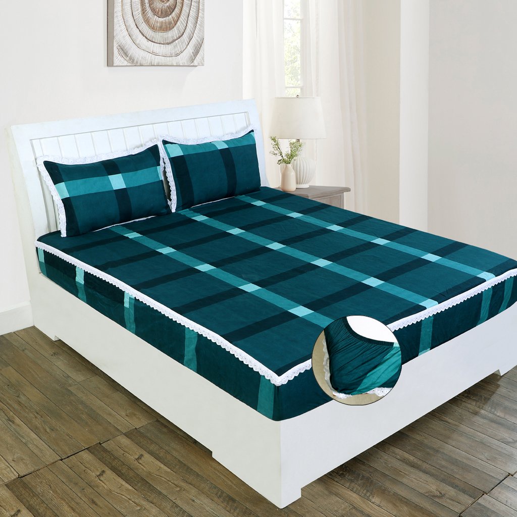 RD TREND Elastic Fitted King Size Double Bed Sheet Aesthetic Lace With 2 Pillow Covers (Green)