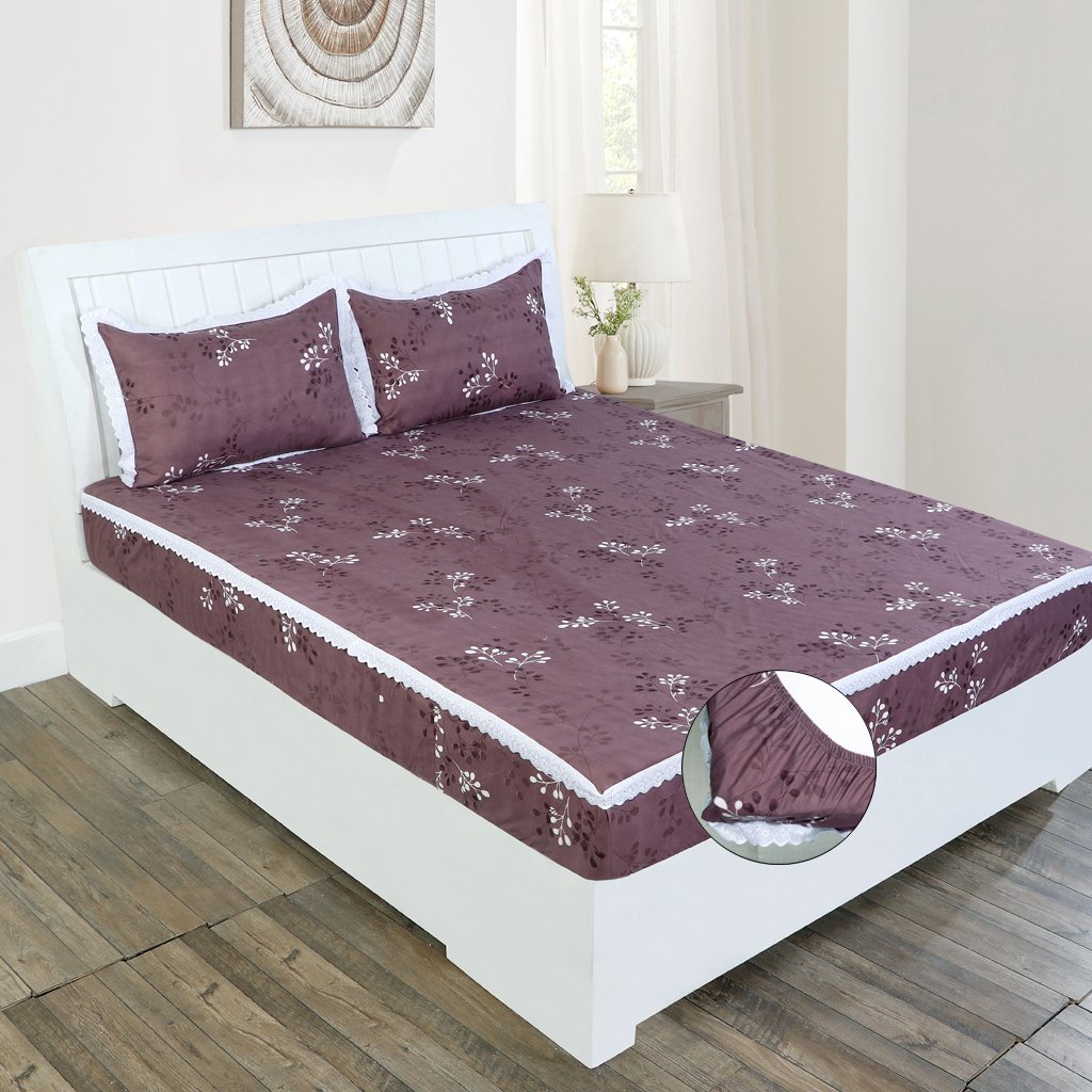 RD TREND Elastic Fitted King Size Double Bed Sheet Aesthetic Lace With 2 Pillow Covers (Pink)