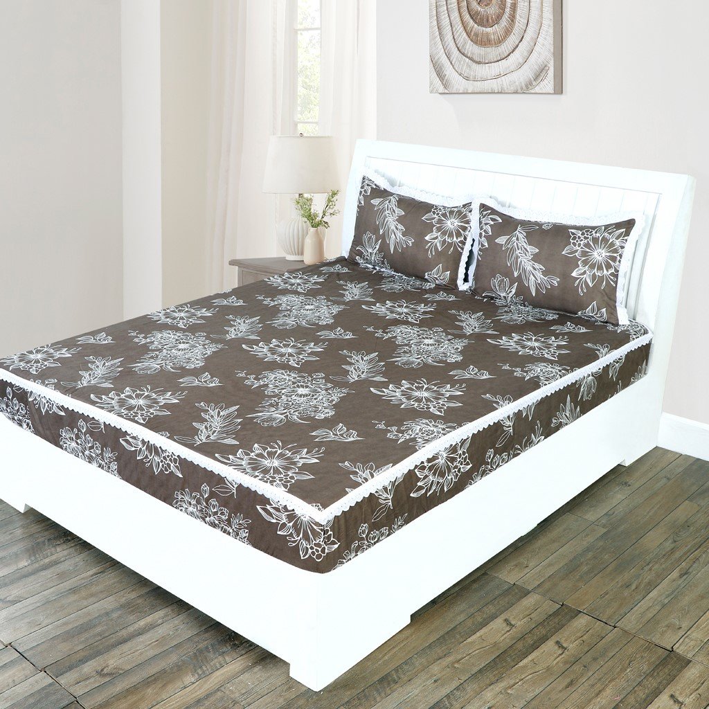 RD TREND Elastic Fitted King Size Double Bed Sheet Aesthetic Lace With 2 Pillow Covers (Mouse)