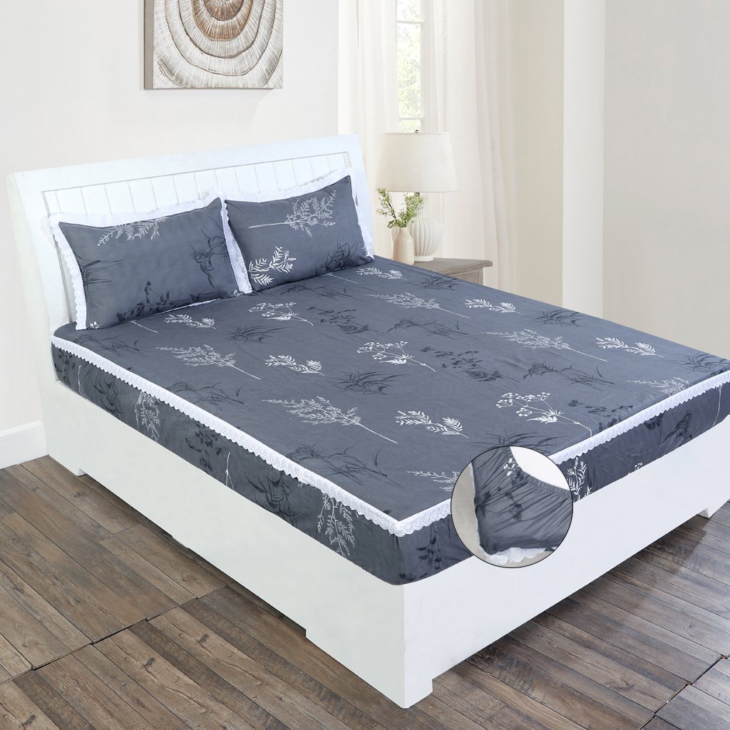 RD TREND Elastic Fitted King Size Double Bed Sheet Aesthetic Lace With 2 Pillow Covers (Grey)