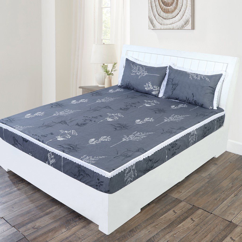 RD TREND Elastic Fitted King Size Double Bed Sheet Aesthetic Lace With 2 Pillow Covers (Grey)