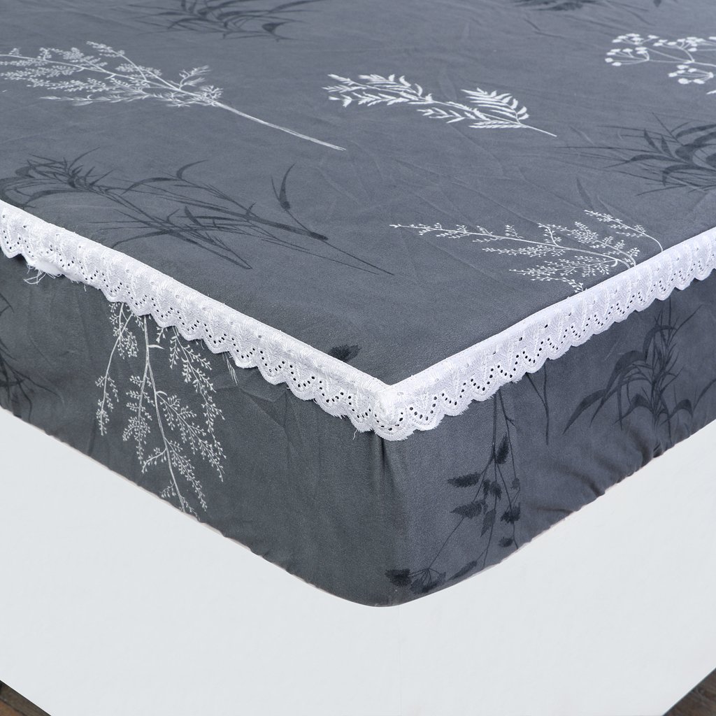 RD TREND Elastic Fitted King Size Double Bed Sheet Aesthetic Lace With 2 Pillow Covers (Grey)