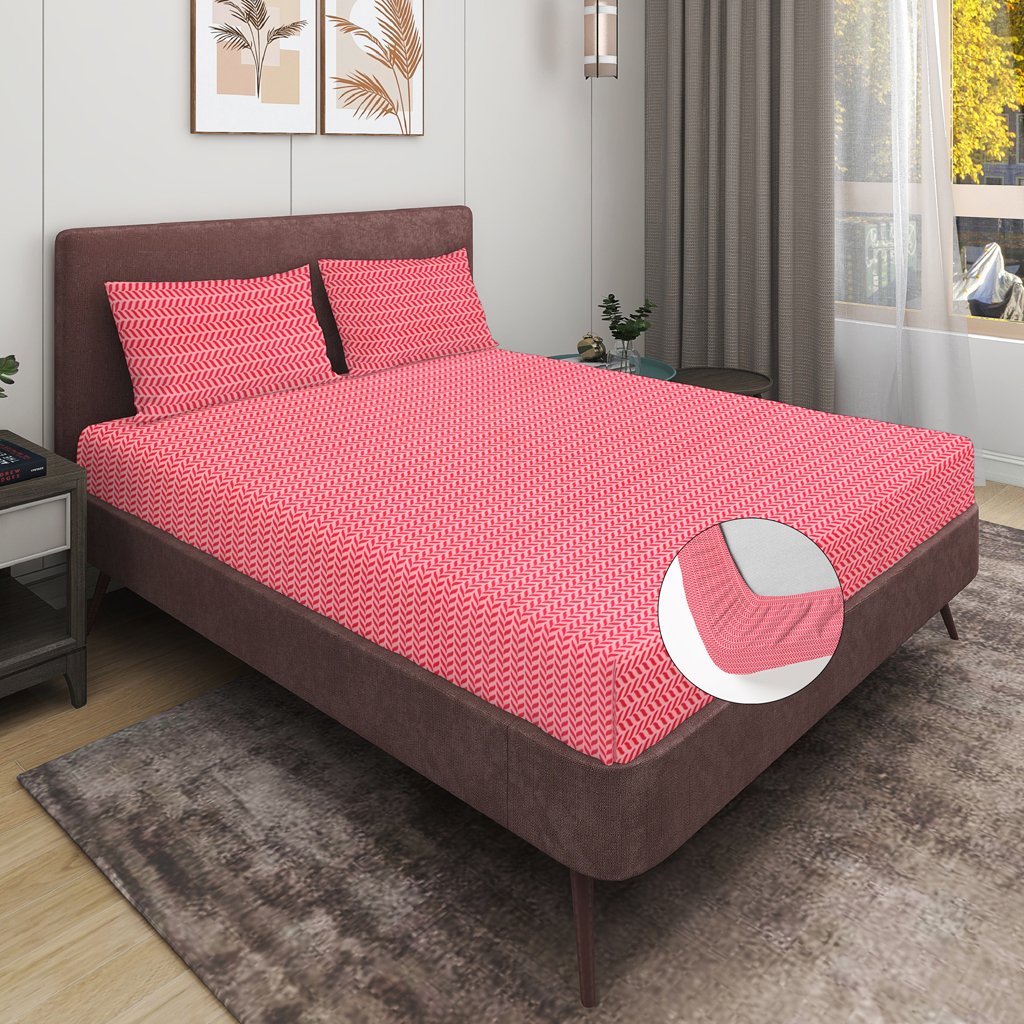 RD TREND Presents Elastic Fitted Queen Size Double Bed Sheet With 2 Pillow Covers (Red)