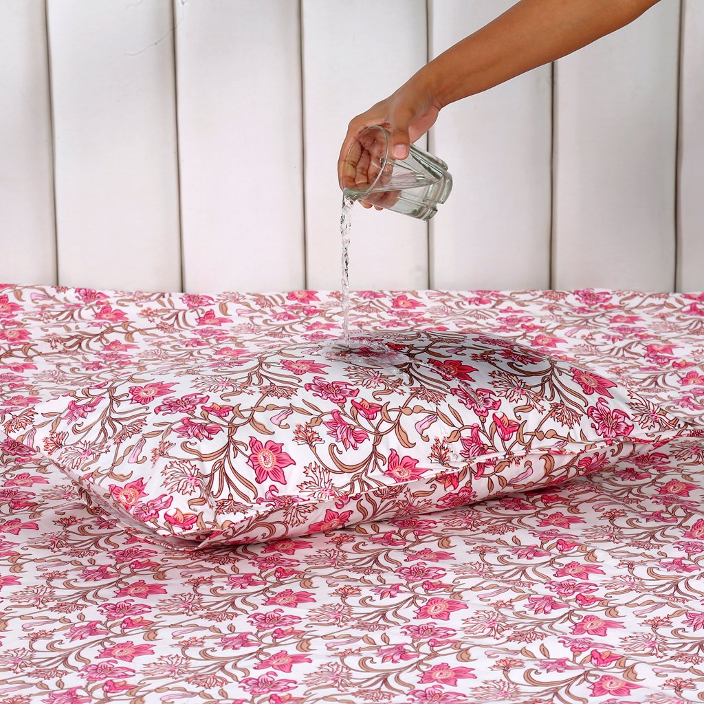 RD TREND Waterproof Elastic Fitted Bedsheet, King Size 72x78x8 Inch, with 2 Waterproof Pillow Covers 18x28 Inch, Washable, Wrinkle Resistant Pink Flower