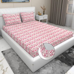 RD TREND Waterproof Elastic Fitted Bedsheet, King Size 72x78x8 Inch, with 2 Waterproof Pillow Covers 18x28 Inch, Washable, Wrinkle Resistant Pink Flower