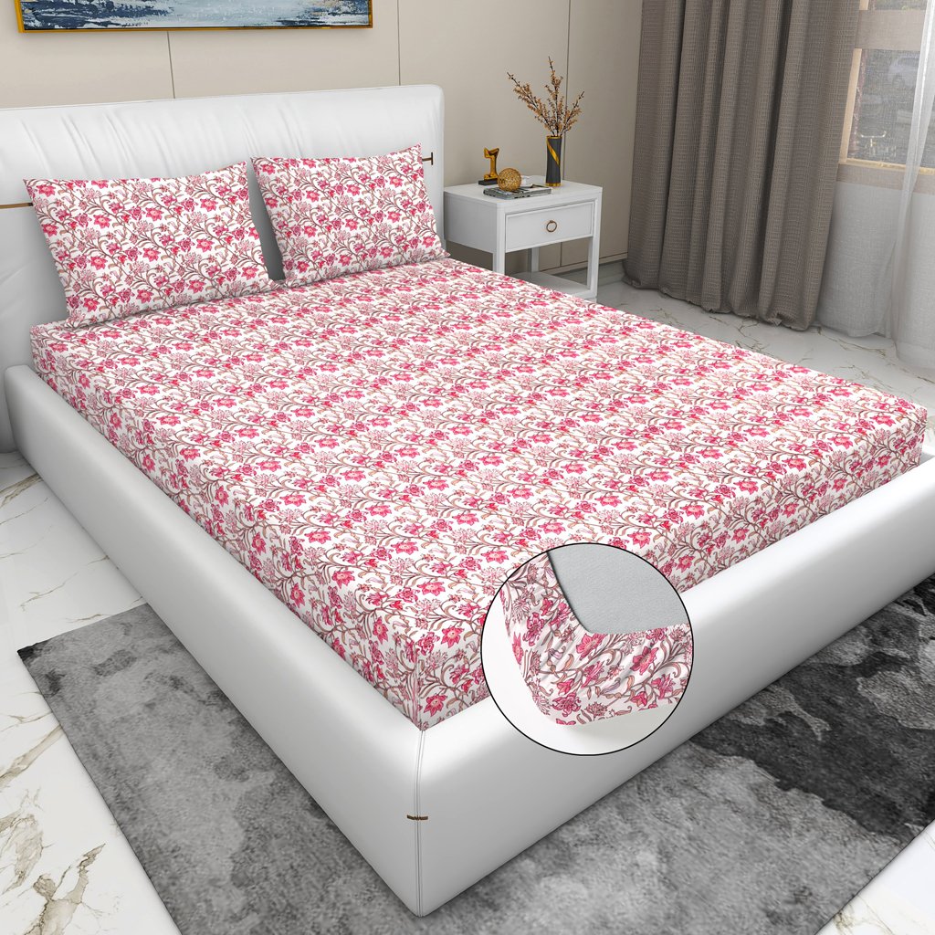 RD TREND Waterproof Elastic Fitted Bedsheet, King Size 72x78x8 Inch, with 2 Waterproof Pillow Covers 18x28 Inch, Washable, Wrinkle Resistant Pink Flower
