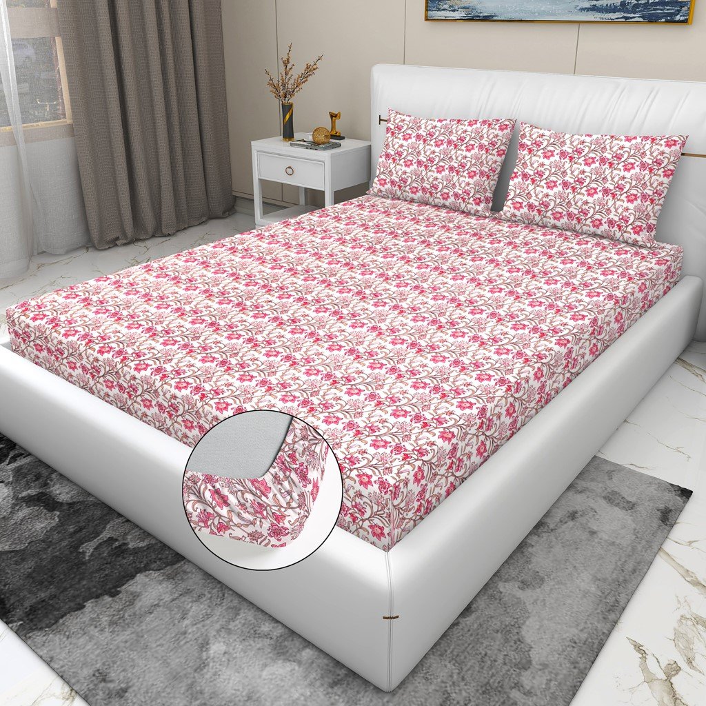 RD TREND Waterproof Elastic Fitted Bedsheet, King Size 72x78x8 Inch, with 2 Waterproof Pillow Covers 18x28 Inch, Washable, Wrinkle Resistant Pink Flower