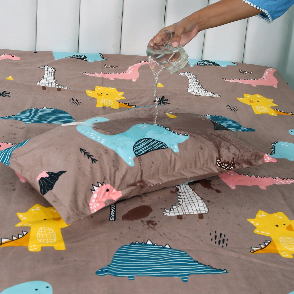 RD TREND Waterproof Elastic Fitted Bedsheet, King Size 72x78x8 Inch, with 2 Waterproof Pillow Covers 18x28 Inch, Washable, Wrinkle Resistant Multi Dinosaur