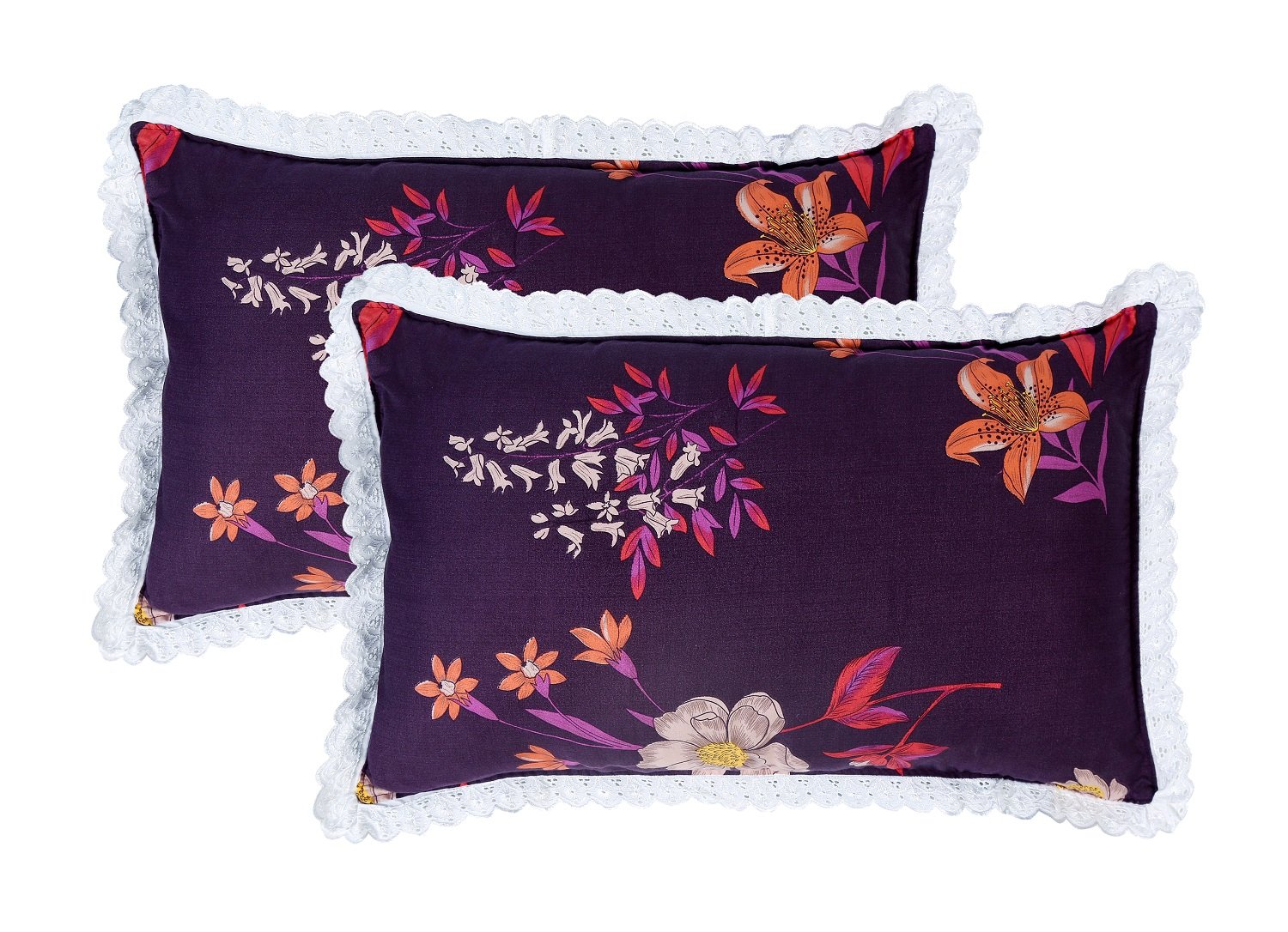 RD TREND Pillow Cover Glace Cotton 210 TC With Aesthetic Lace Pillow Cover Set of 2 Size-18/28 Inchs(45/70 CM),,Color- Purple,Green