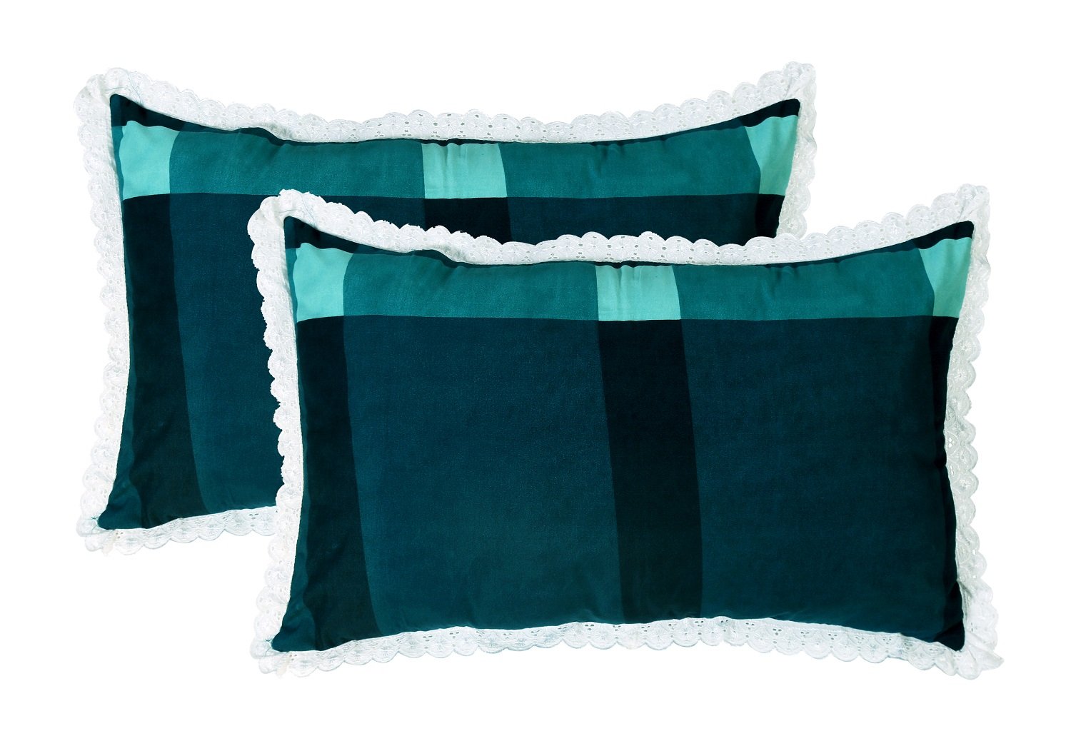 RD TREND Pillow Cover Glace Cotton 210 TC With Aesthetic Lace Pillow Cover Set of 2 Size-18/28 Inchs(45/70 CM),,Color- Aqua,Green Check
