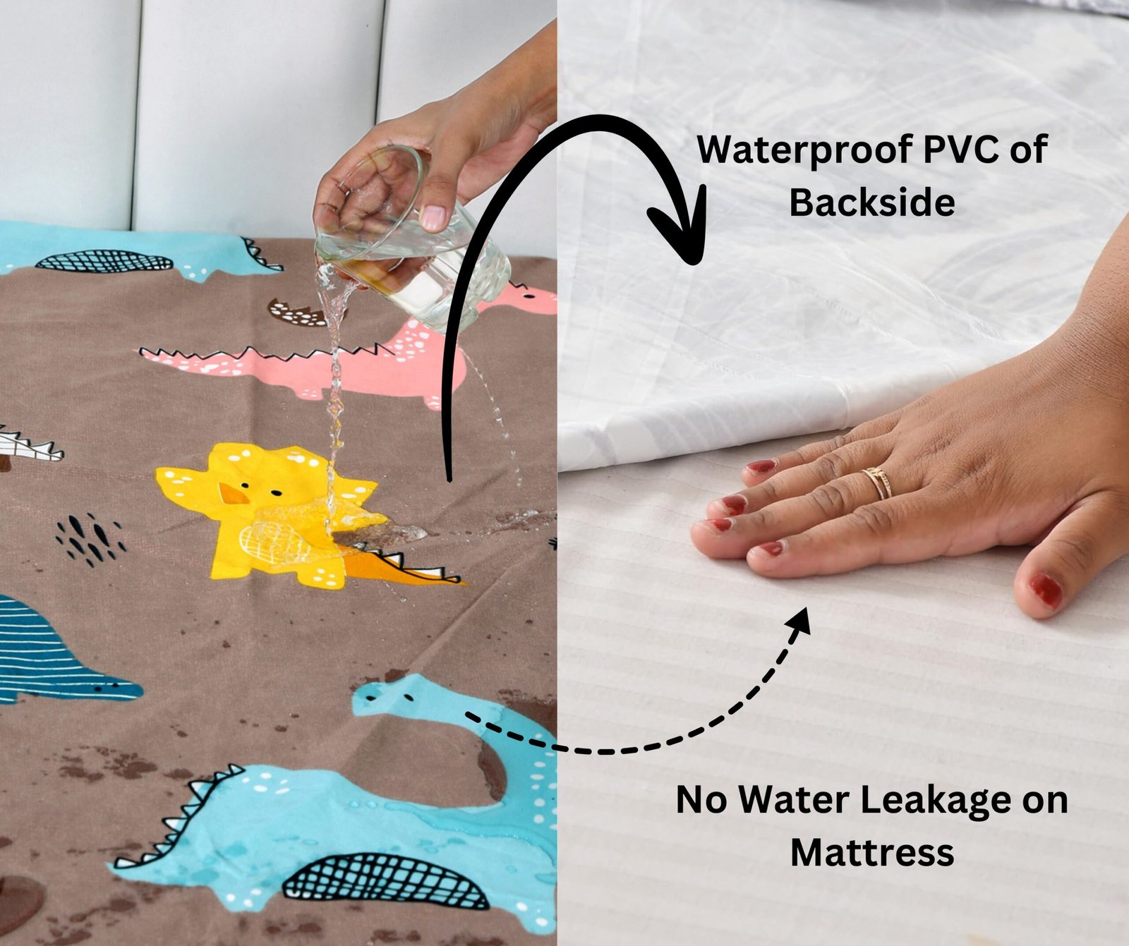 RD TREND Waterproof Elastic Fitted Bedsheet, King Size 72x78x8 Inch, with 2 Waterproof Pillow Covers 18x28 Inch, Washable, Wrinkle Resistant Multi Dinosaur