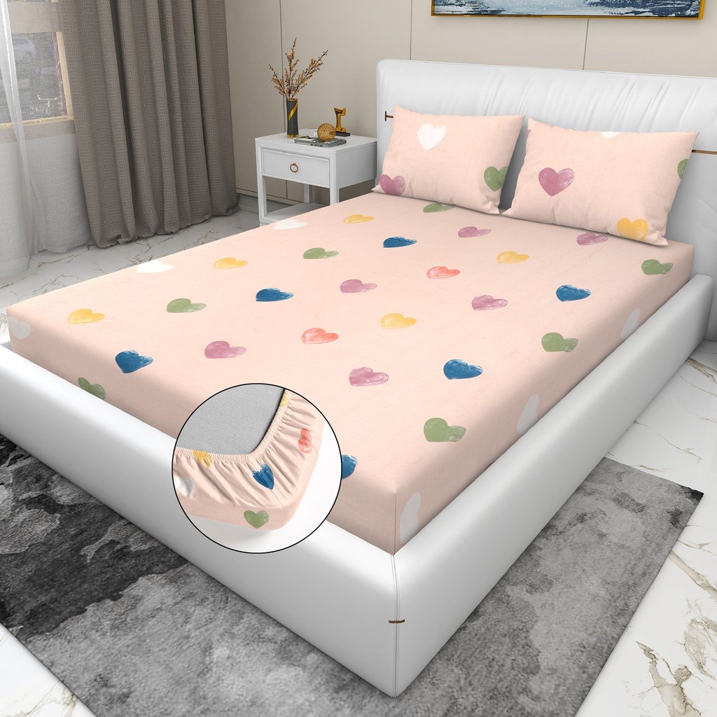 RD TREND Waterproof Elastic Fitted Bedsheet, King Size 72x78x8 Inch, with 2 Waterproof Pillow Covers 18x28 Inch, Washable, Wrinkle Resistant Pink Multi Heart
