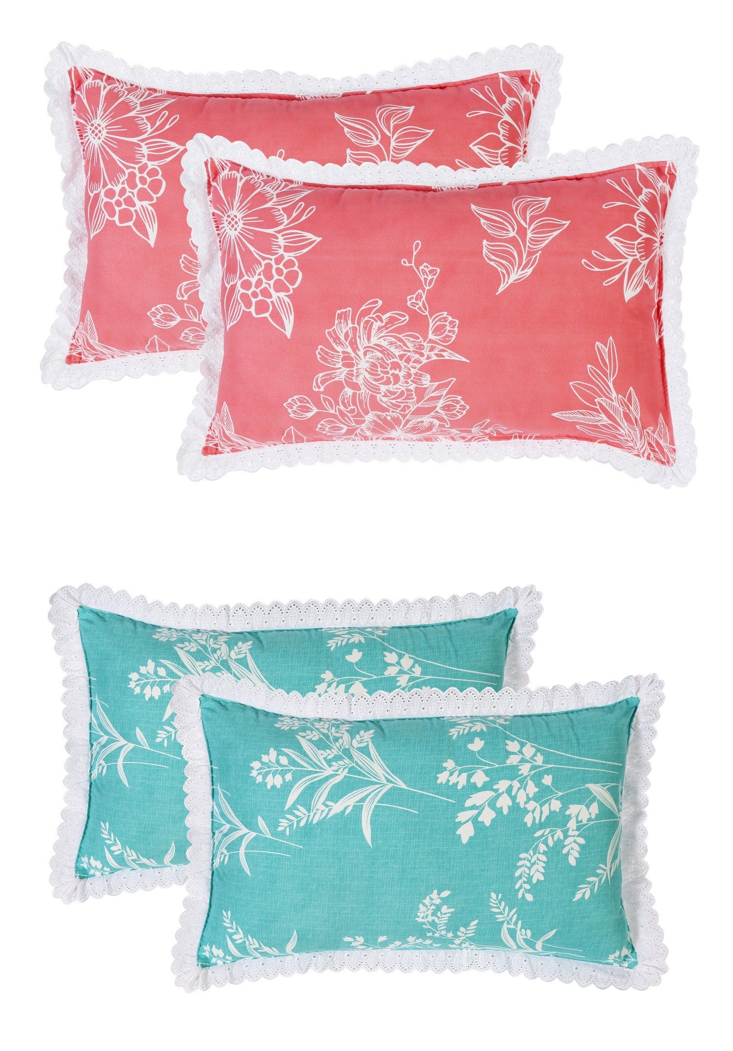 RD TREND Pillow Cover Glace Cotton 210 TC With Aesthetic Lace Pillow Cover Set of 2 Size-18/28 Inchs(45/70 CM),,Color- Peach,Aqua