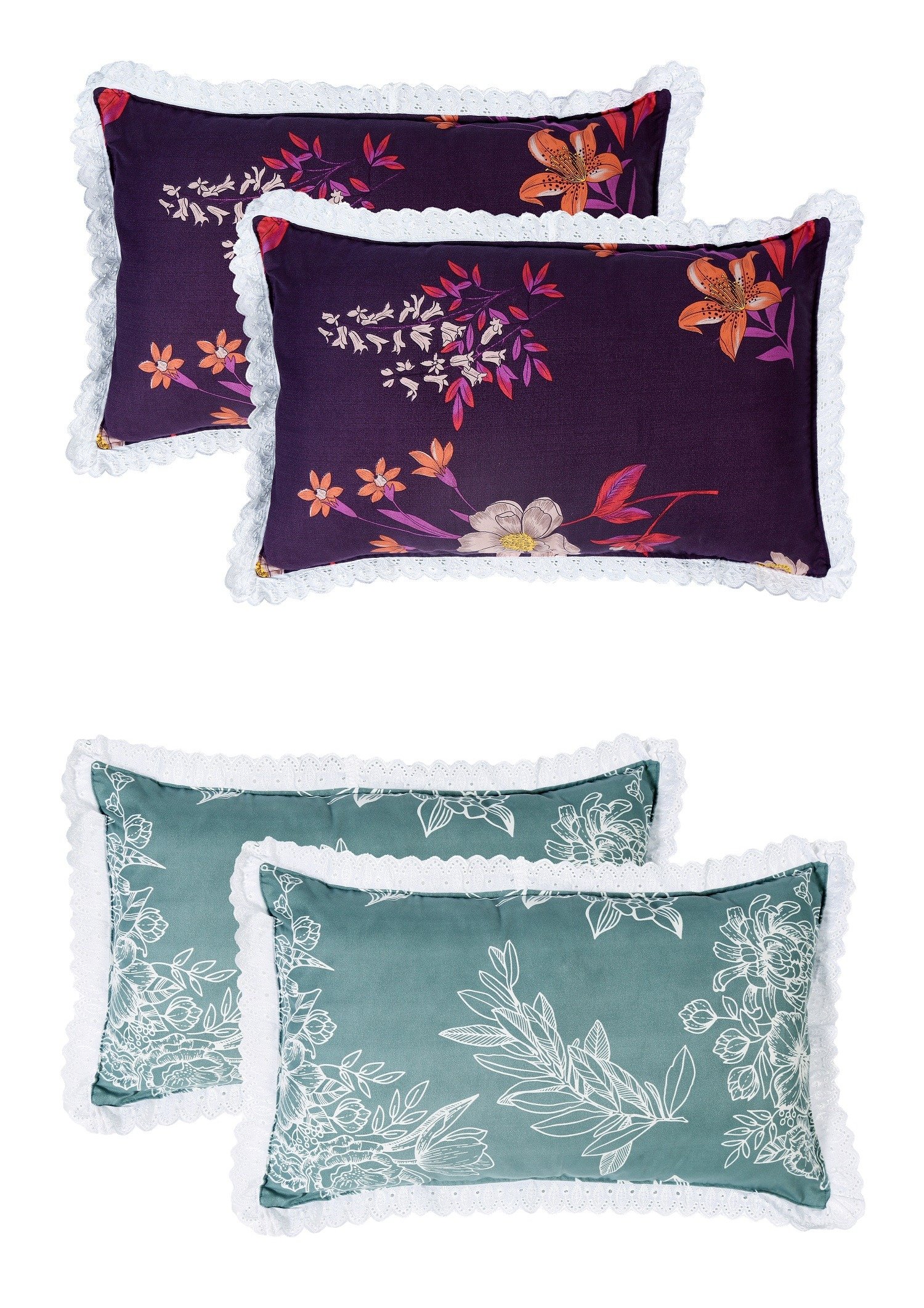 RD TREND Pillow Cover Glace Cotton 210 TC With Aesthetic Lace Pillow Cover Set of 2 Size-18/28 Inchs(45/70 CM),,Color- Purple,Green