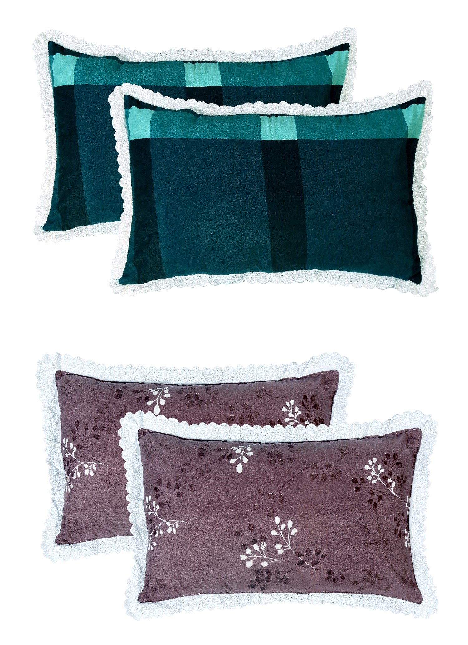 RD TREND Pillow Cover Glace Cotton 210 TC With Aesthetic Lace Pillow Cover Set of 2 Size-18/28 Inchs(45/70 CM),,Color- Green Check,Purple