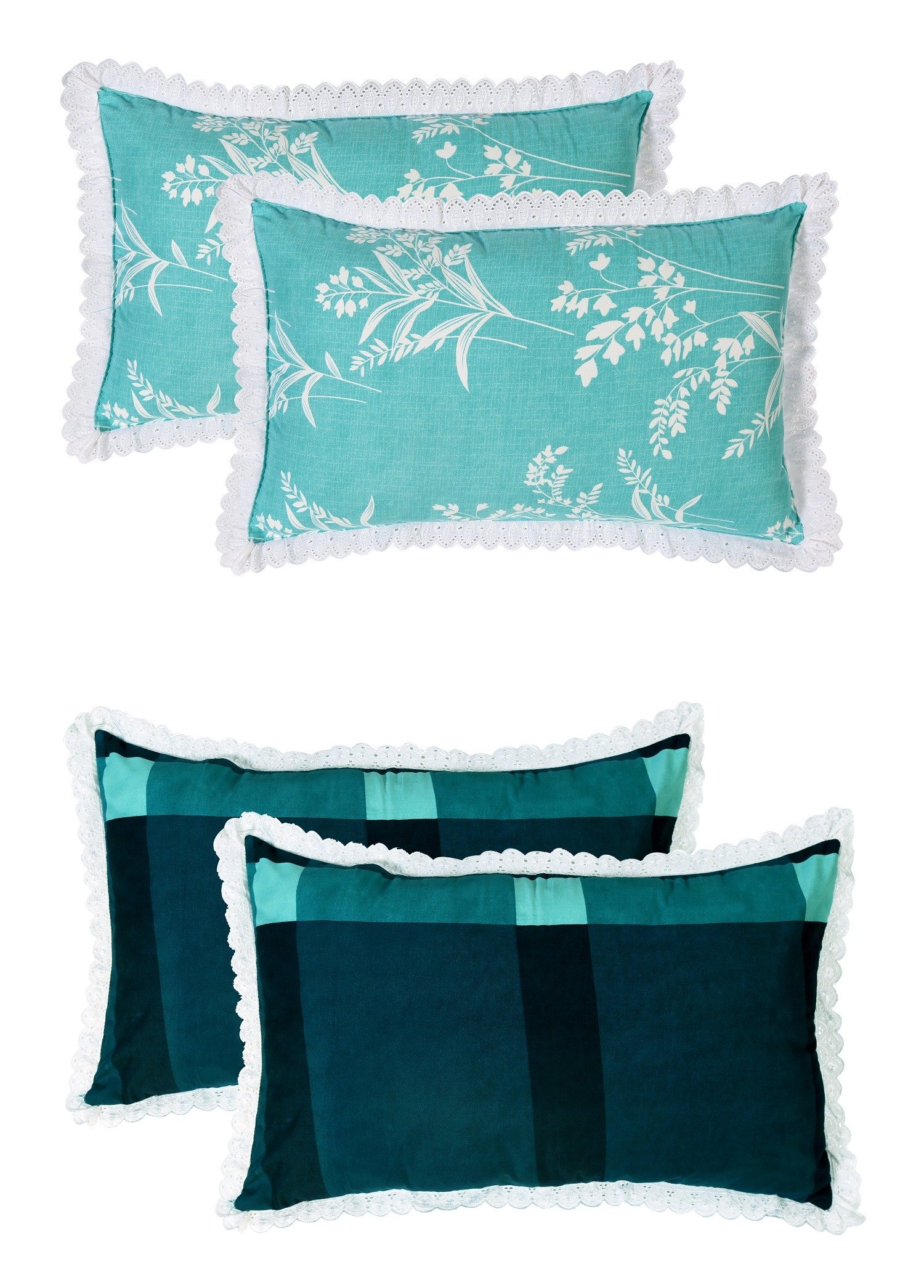 RD TREND Pillow Cover Glace Cotton 210 TC With Aesthetic Lace Pillow Cover Set of 2 Size-18/28 Inchs(45/70 CM),,Color- Aqua,Green Check