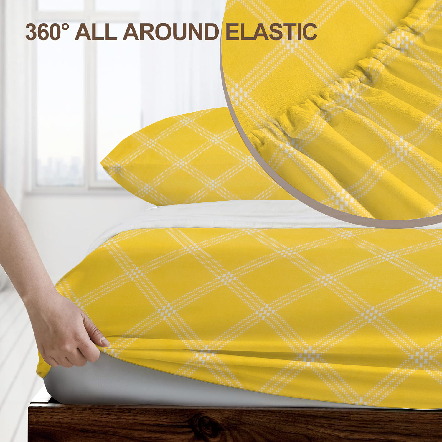 RD TREND® 360° Fitted Bedsheets Double Size 78x60x8 Inch, Elastic Bedsheets for Queen Size Bed with 2 Pillow Covers-18x28 Inch (Yellow)