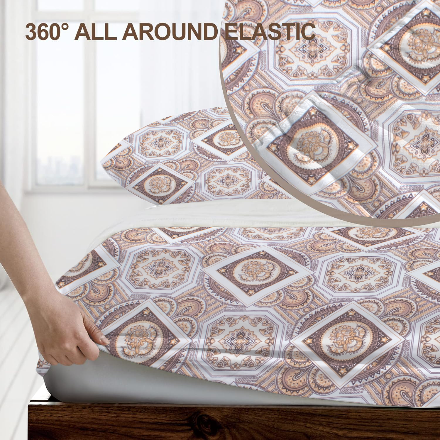 RD TREND® 360° Fitted Bedsheets Double Size 78x60x8 Inch, Elastic Bedsheets for Queen Size Bed with 2 Pillow Covers-18x28 Inch (Check-Brown)