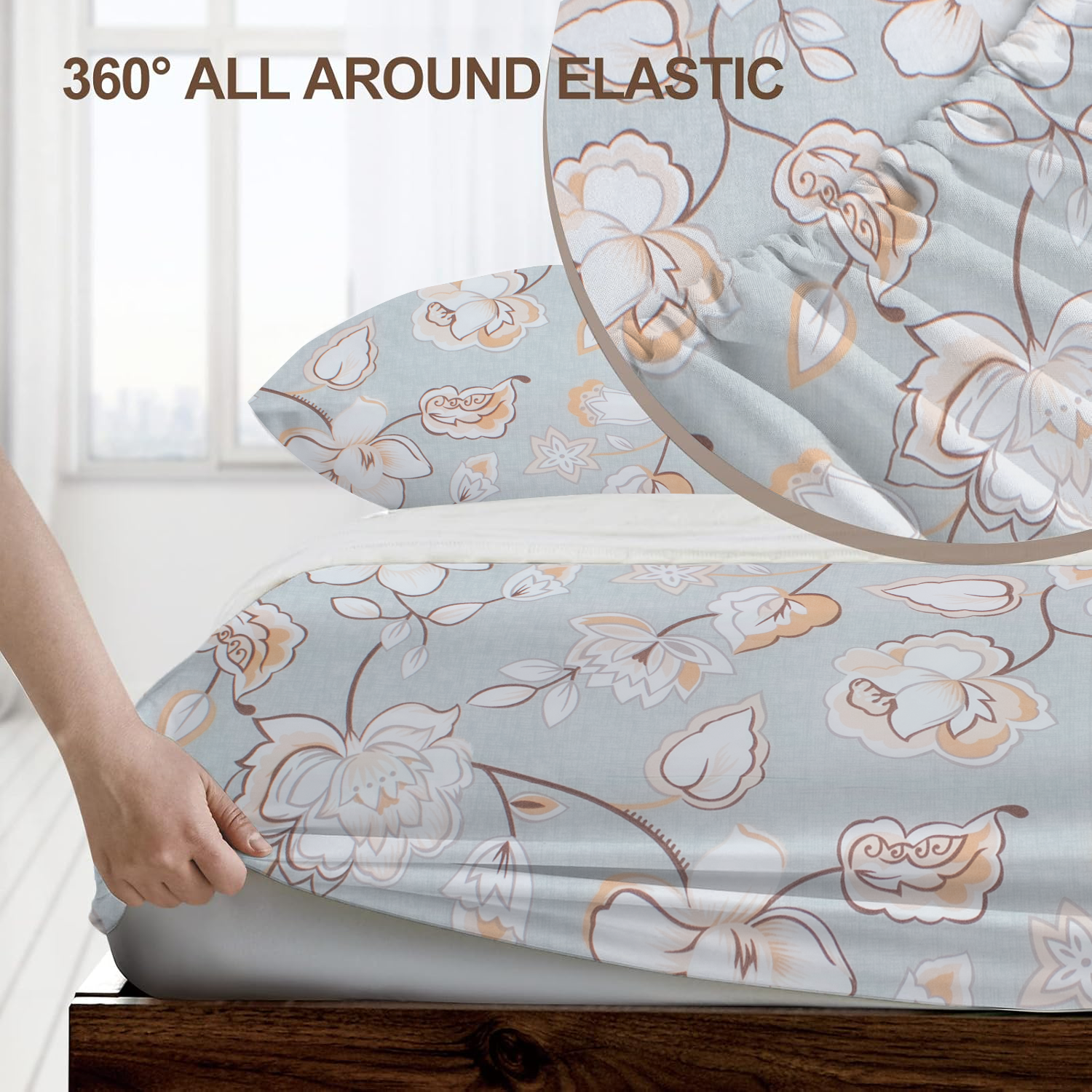 RD TREND® 360° Fitted Bedsheets Double Size 78x60x8 Inch, Elastic Bedsheets for Queen Size Bed with 2 Pillow Covers-18x28 Inch (Flower-Grey)