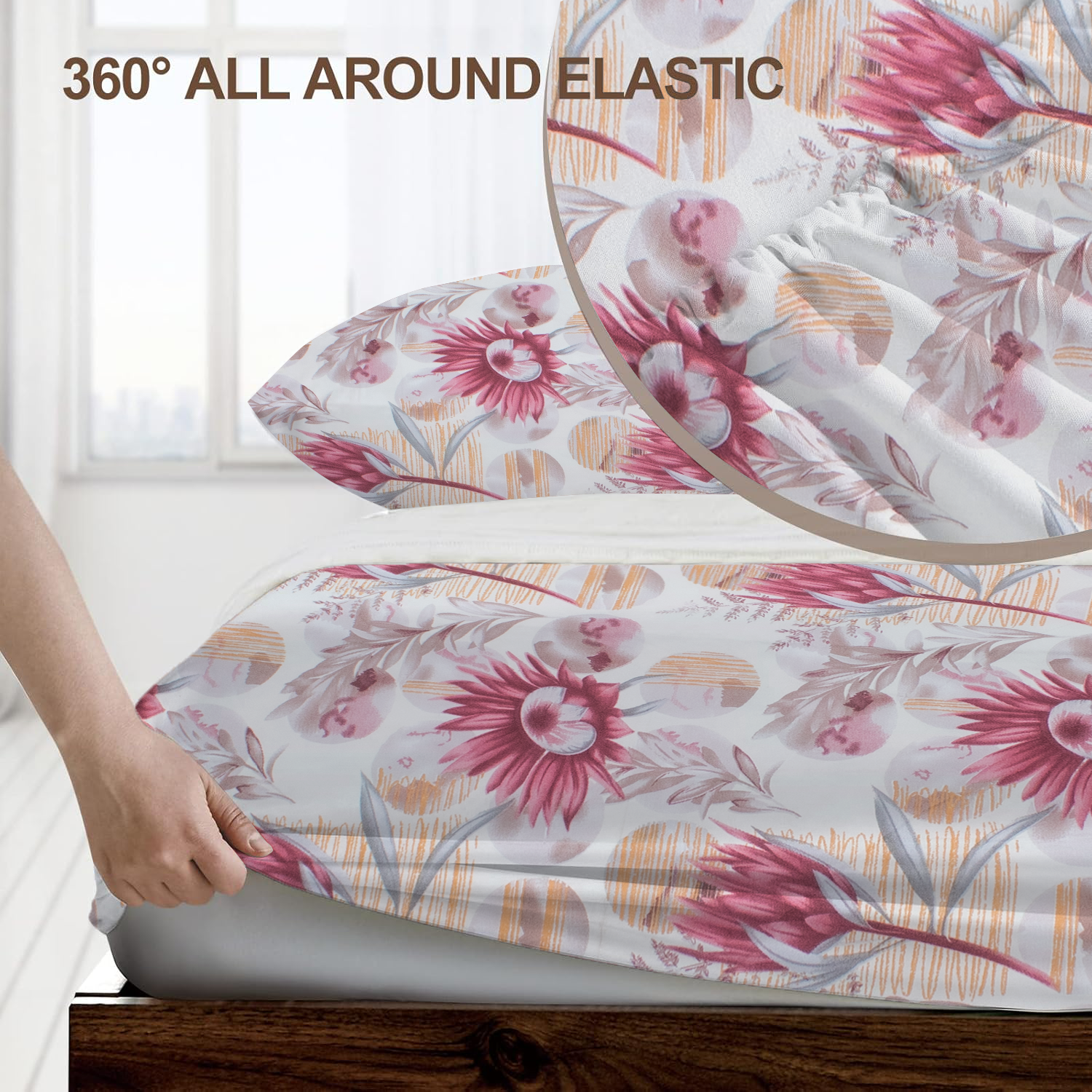 RD TREND® 360° Fitted Bedsheets Double Size 78x60x8 Inch, Elastic Bedsheets for Queen Size Bed with 2 Pillow Covers-18x28 Inch (Flower-Red)