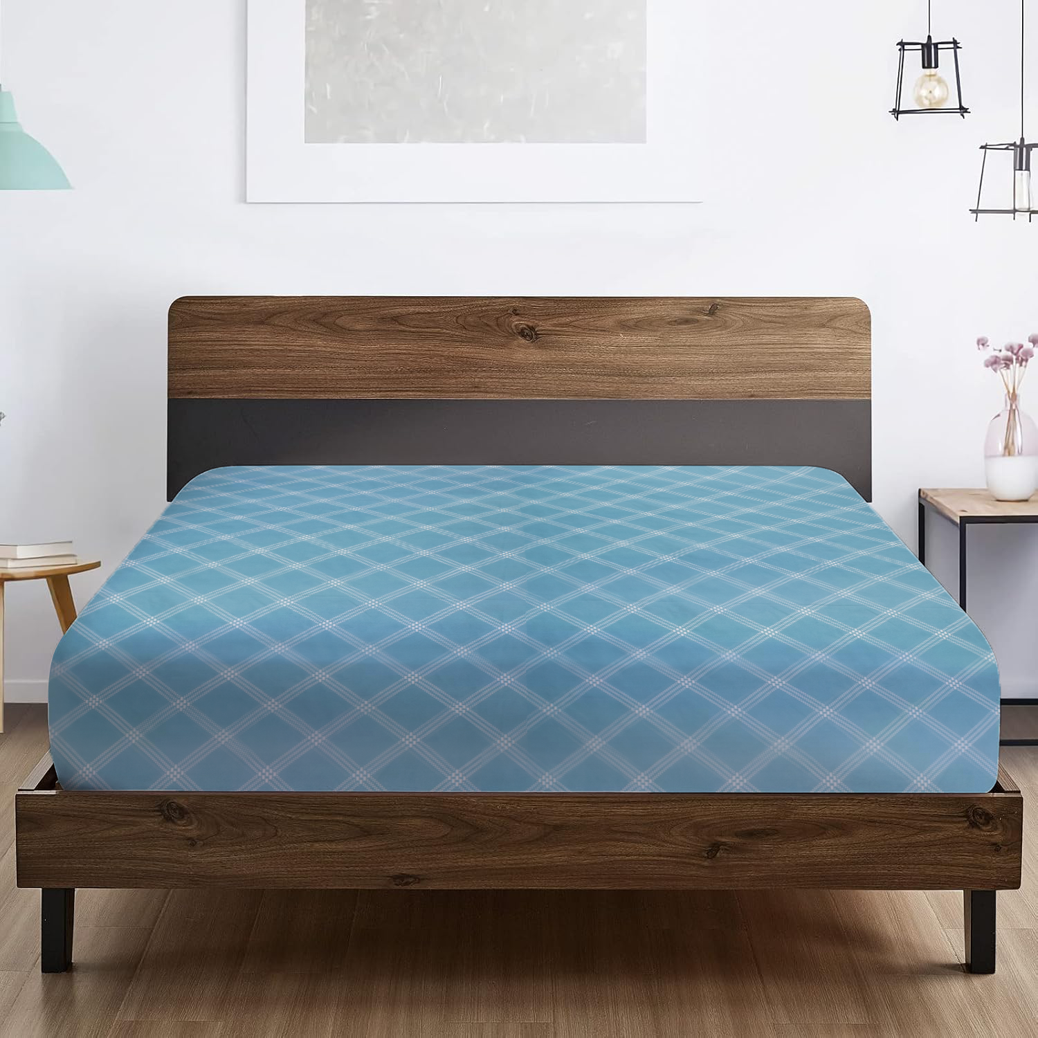 RD TREND® 360° Fitted Bedsheets King Size 72x78x8 Inch, Elastic Bedsheets for King Size Bed with 2 Pillow Covers-18x28 Inch (Lines-Blue)