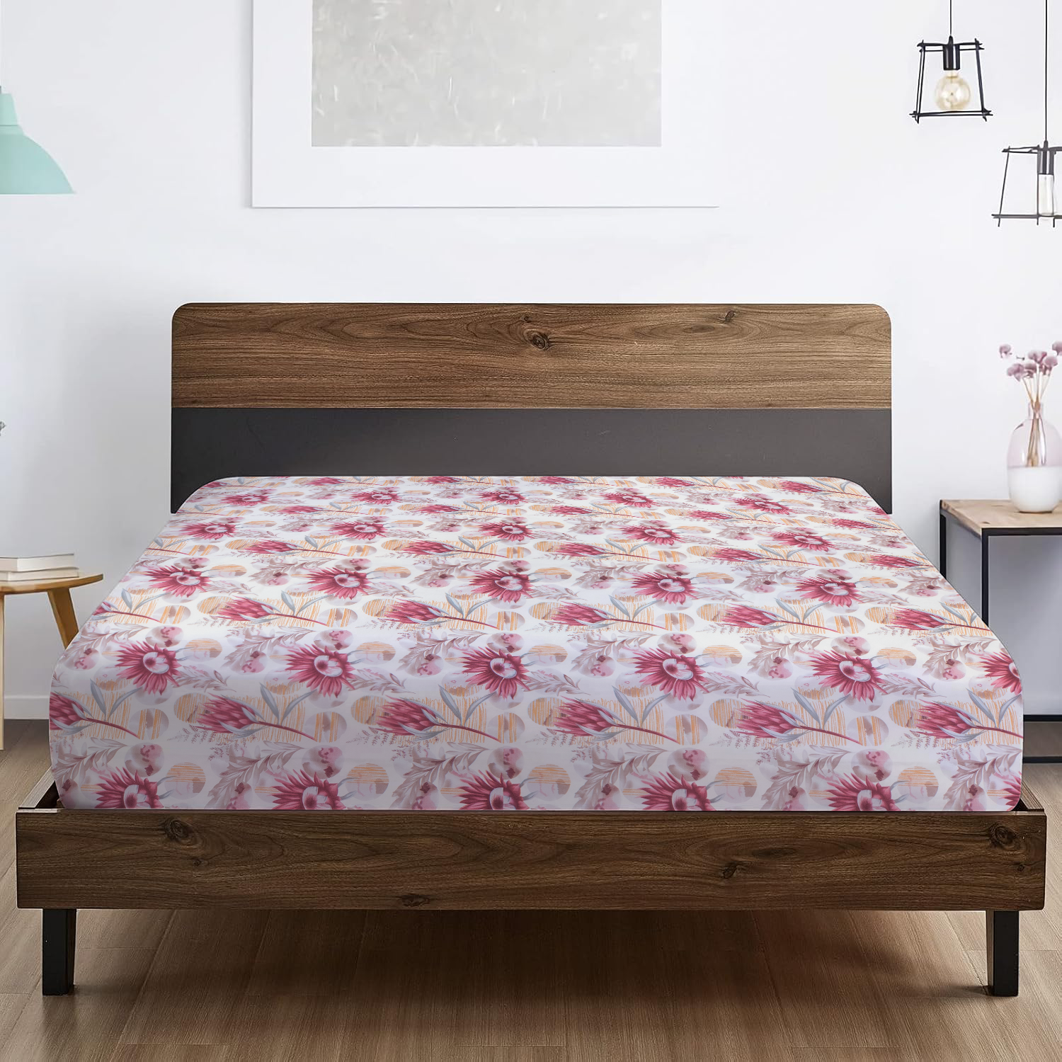 RD TREND® 360° Fitted Bedsheets Double Size 78x60x8 Inch, Elastic Bedsheets for Queen Size Bed with 2 Pillow Covers-18x28 Inch (Flower-Red)