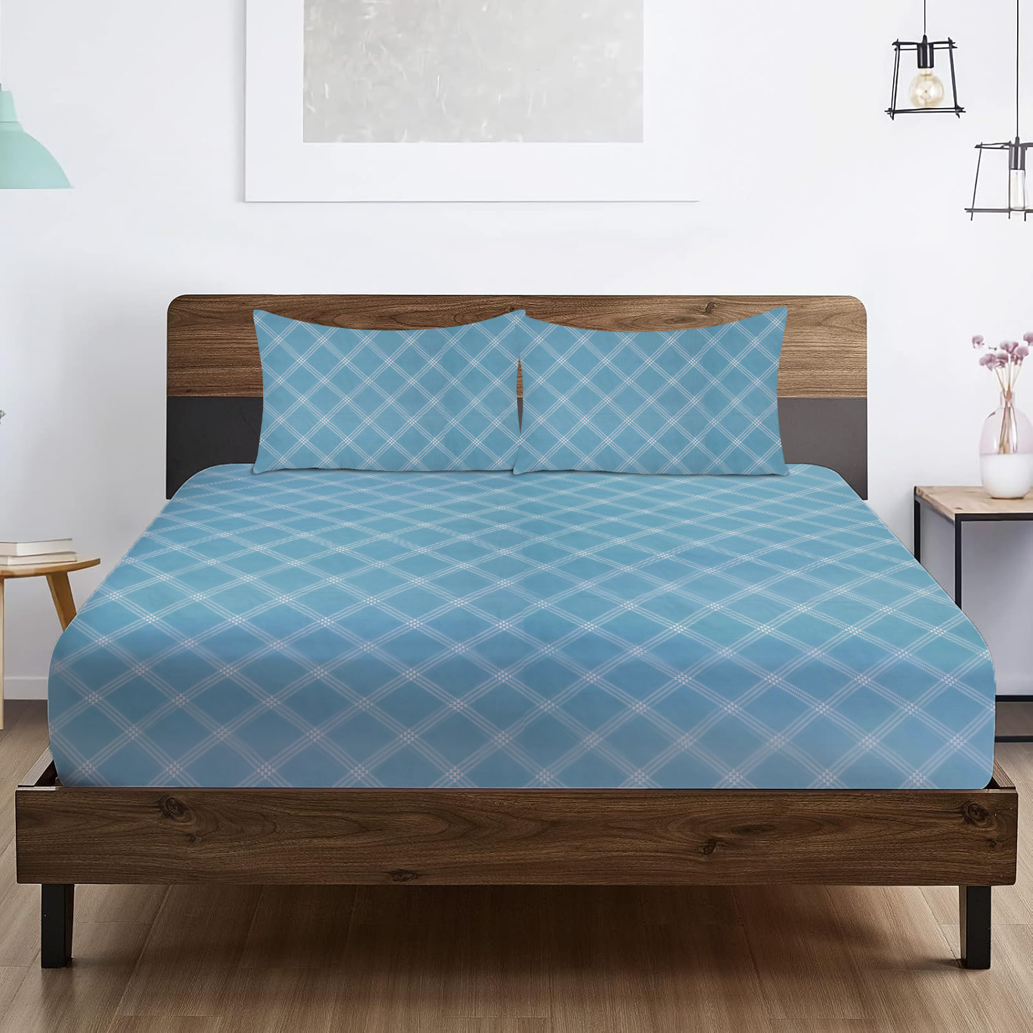 RD TREND® 360° Fitted Bedsheets Double Size 78x60x8 Inch, Elastic Bedsheets for Queen Size Bed with 2 Pillow Covers-18x28 Inch (Lines-Blue)