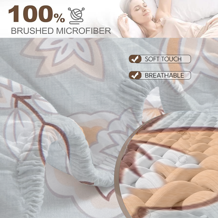 RD TREND® 360° Fitted Bedsheets Double Size 78x60x8 Inch, Elastic Bedsheets for Queen Size Bed with 2 Pillow Covers-18x28 Inch (Flower-Grey)