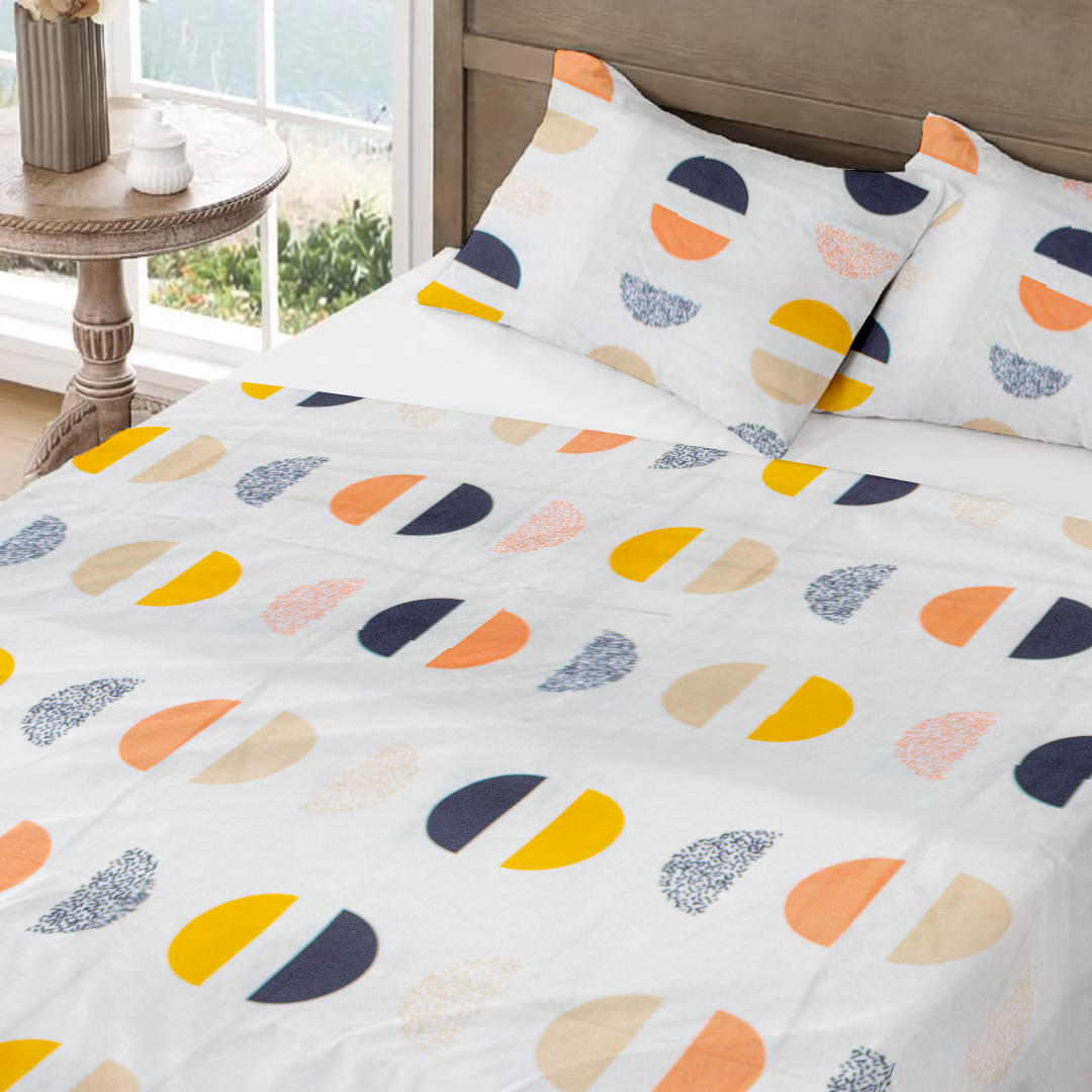 RD TREND Bedsheet for Double Bed 90 x 100 Inches, Glace Cotton Double Bedsheet with 2 Pillow Covers 18 x 28 Inches (Circls-White)