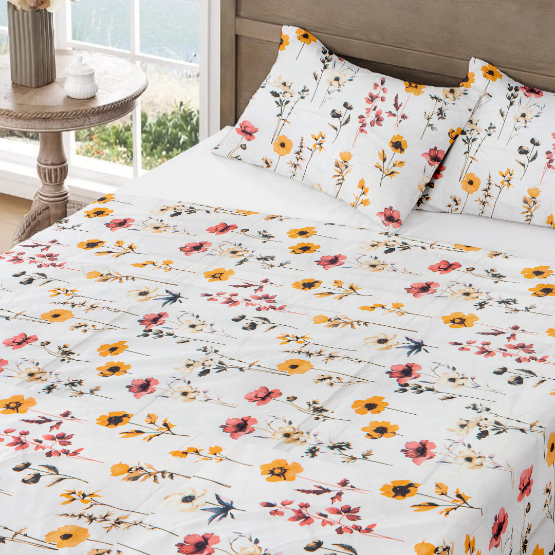 RD TREND Bedsheet for Double Bed 90 x 100 Inches, Glace Cotton Double Bedsheet with 2 Pillow Covers 18 x 28 Inches (Flower-Multi)
