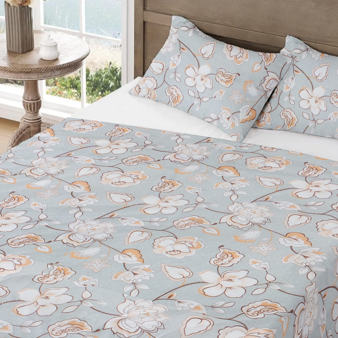 RD TREND Bedsheet for Double Bed 90 x 100 Inches, Glace Cotton Double Bedsheet with 2 Pillow Covers 18 x 28 Inches (Flower-Grey)